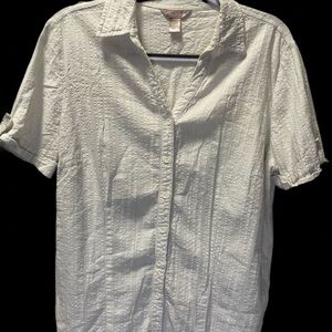 White Stag Women's Off-White Textured Stripe Button-Down Roll-Tab Top L (12-14)